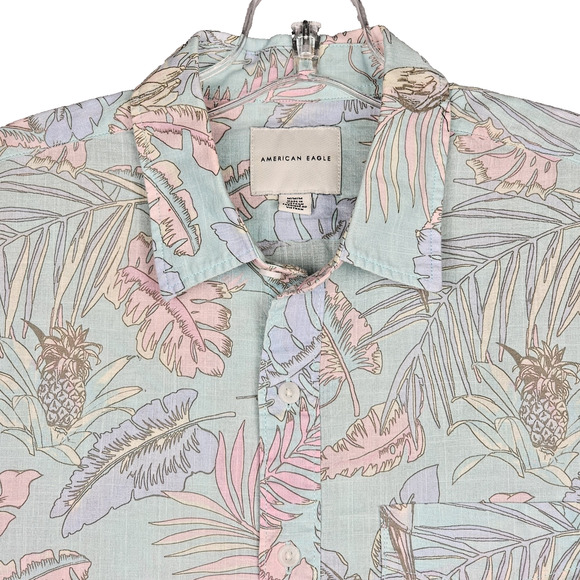 American Eagle Men's Short Sleeve Shirt Button Up Tropical Pastel Medium Island - Picture 1 of 10